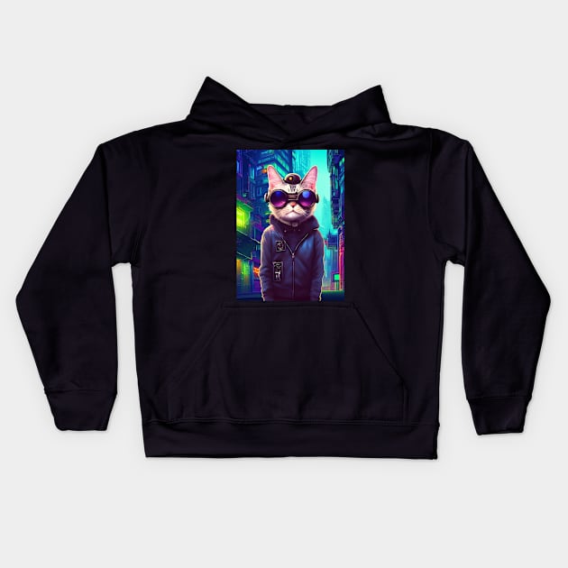 Techno Cat In Japan Neon City Kids Hoodie by star trek fanart and more